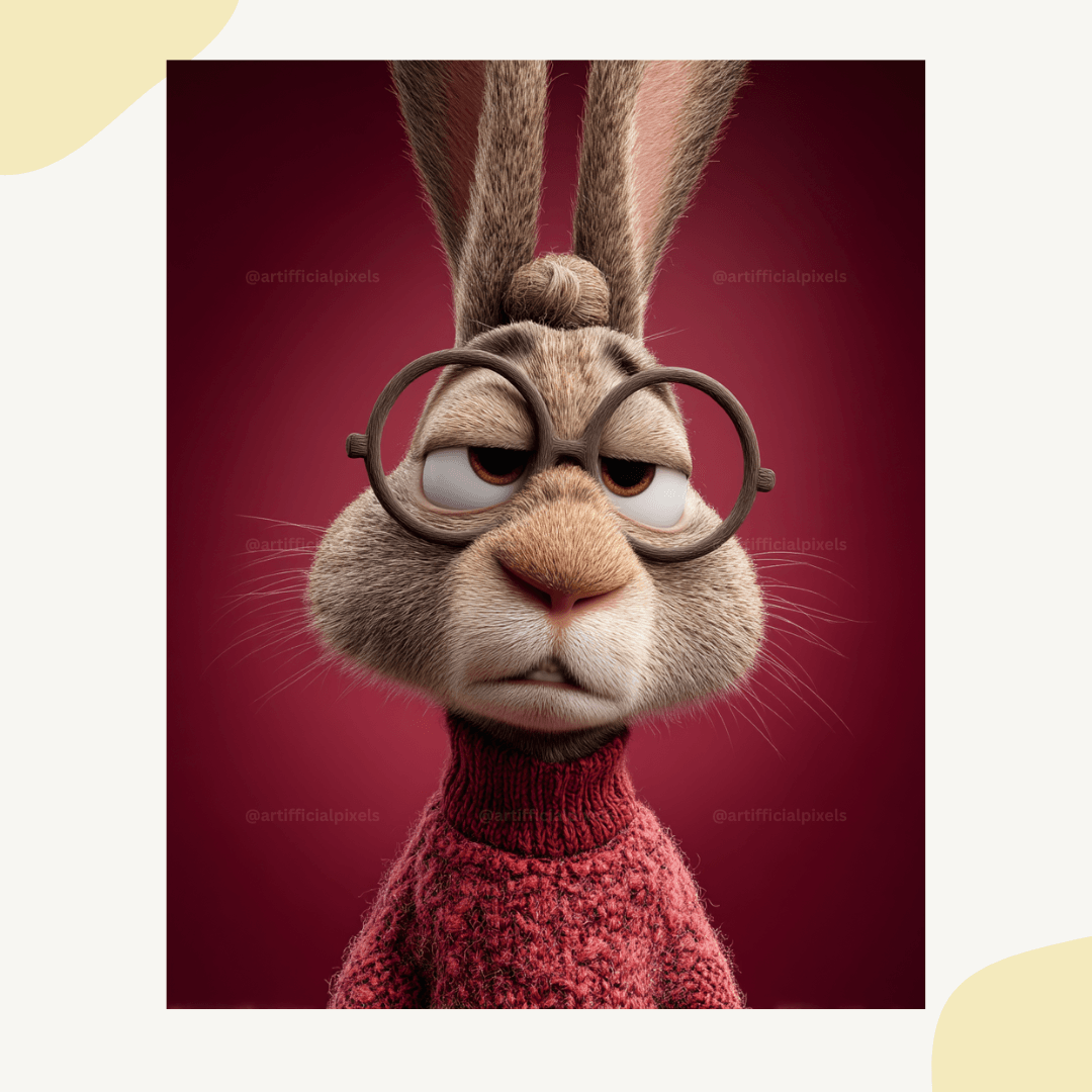 Tired rabbit with glasses and long ears in cute Pixar animation style generated with Midjourney AI prompt