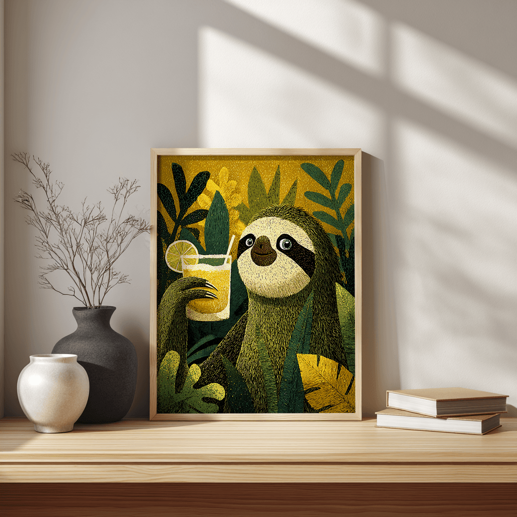 Tropical sloth wall art poster with botanical print design for modern tropical decor