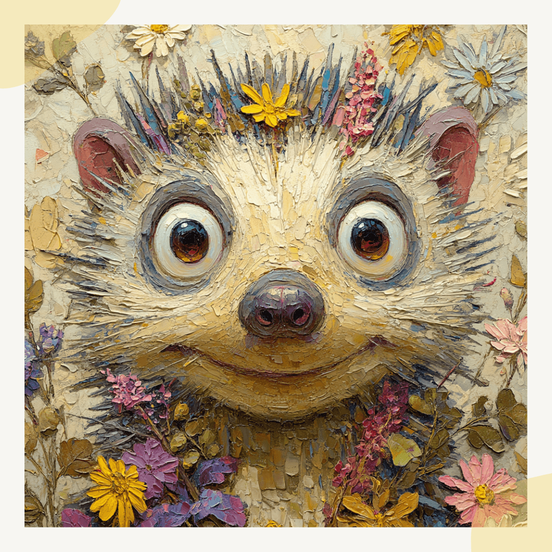 Illustration of a hedgehog surrounded by flowers on a textured beige background
