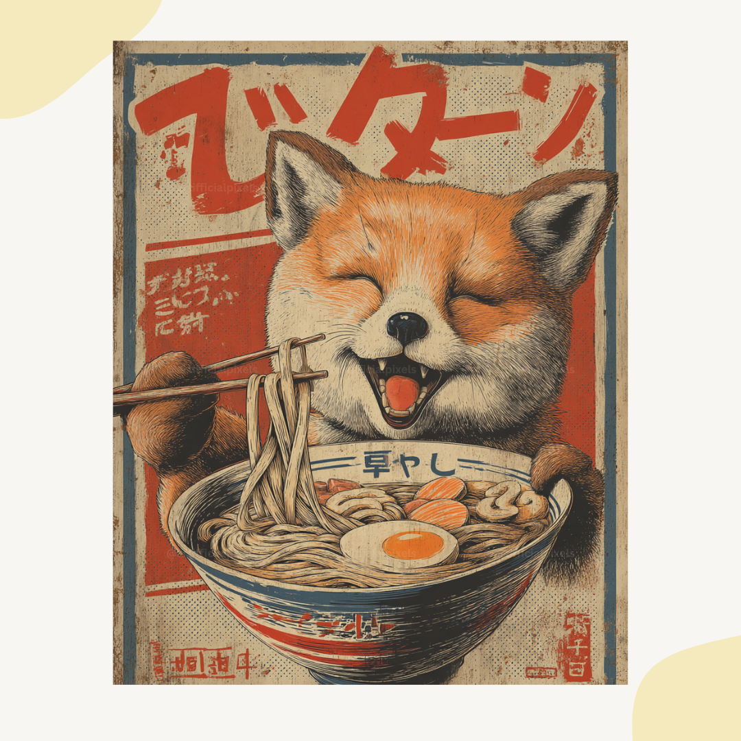 vintage-animal-ramen-posters-midjourney-ai-art-prompt-fox