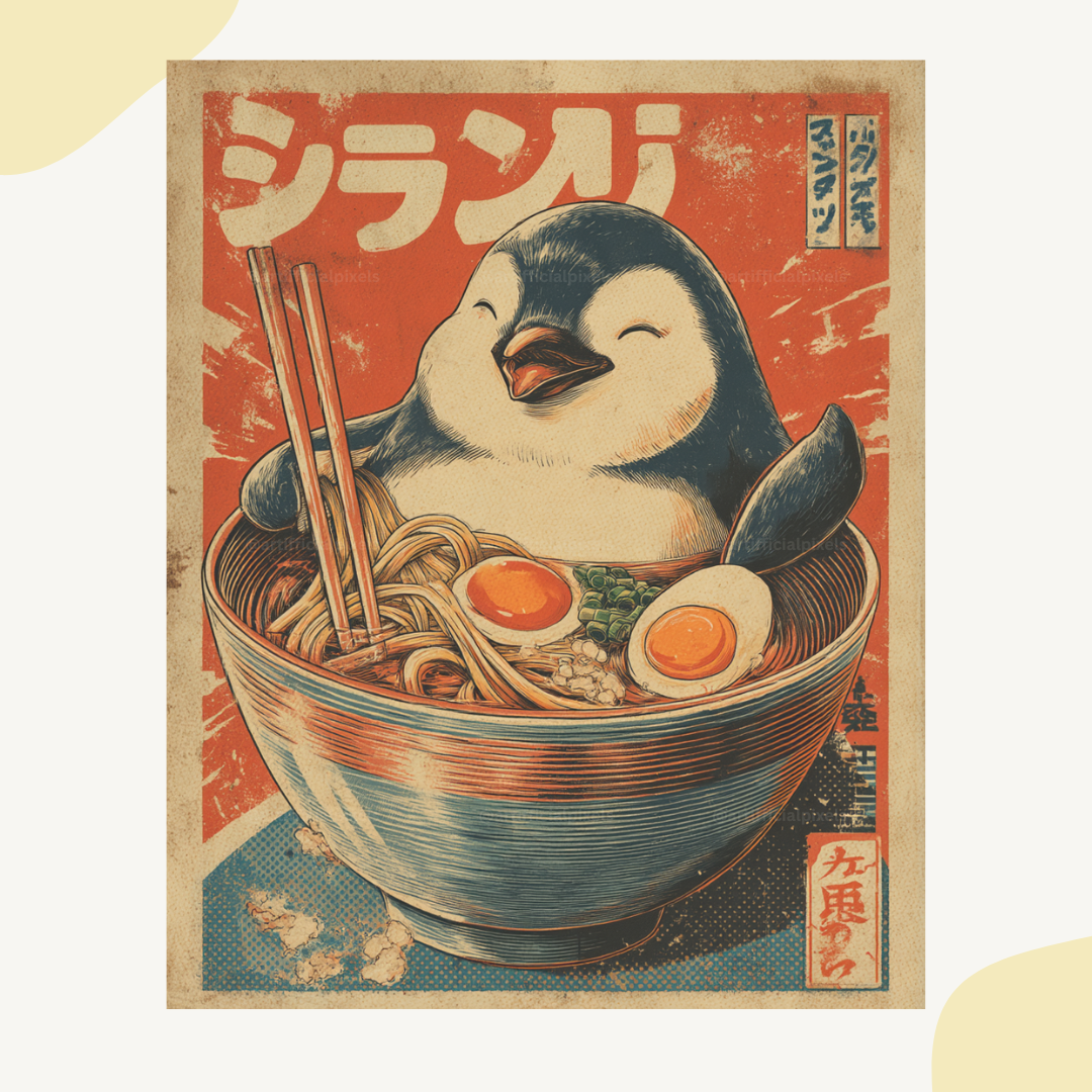 vintage-animal-ramen-posters-midjourney-ai-art-prompt-penguin