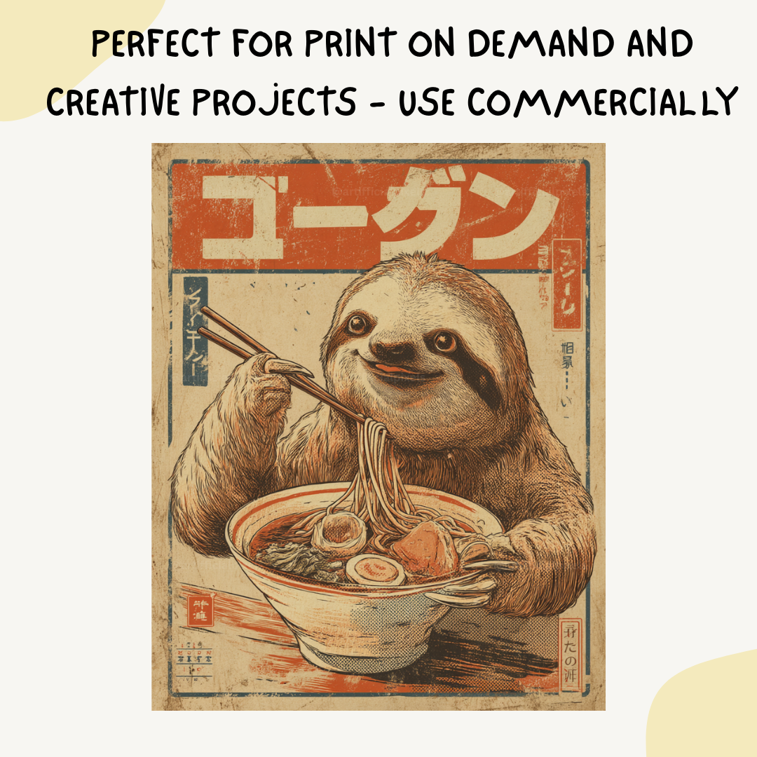 vintage-animal-ramen-posters-midjourney-ai-art-prompt-sloth