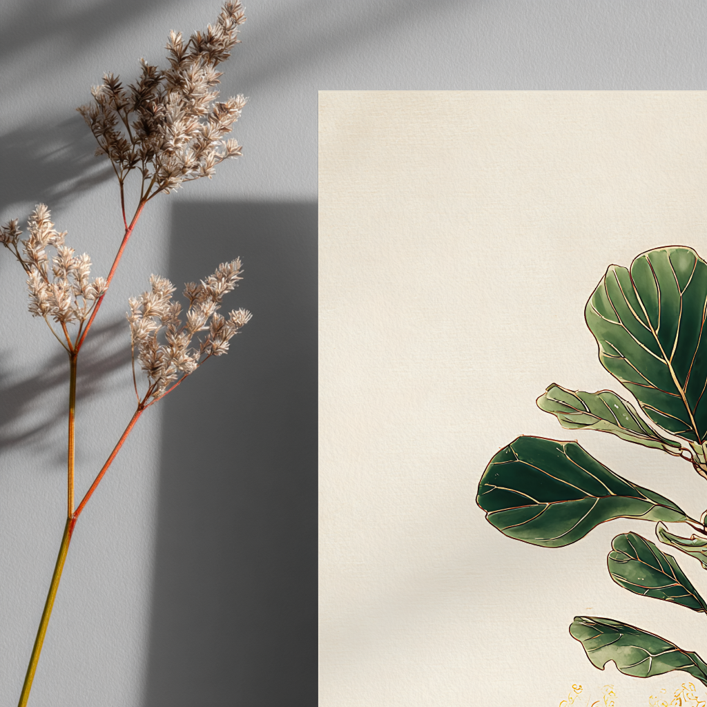 Close-up detail of vintage fiddle fig botanical illustration poster showing intricate leaf patterns