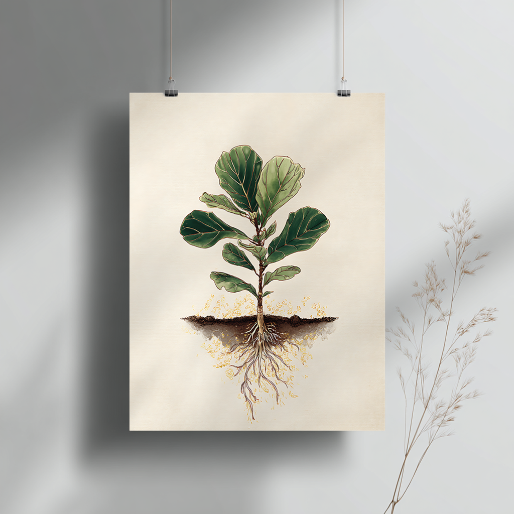 Botanical fiddle fig poster displayed on grey wall showing detailed vintage illustration