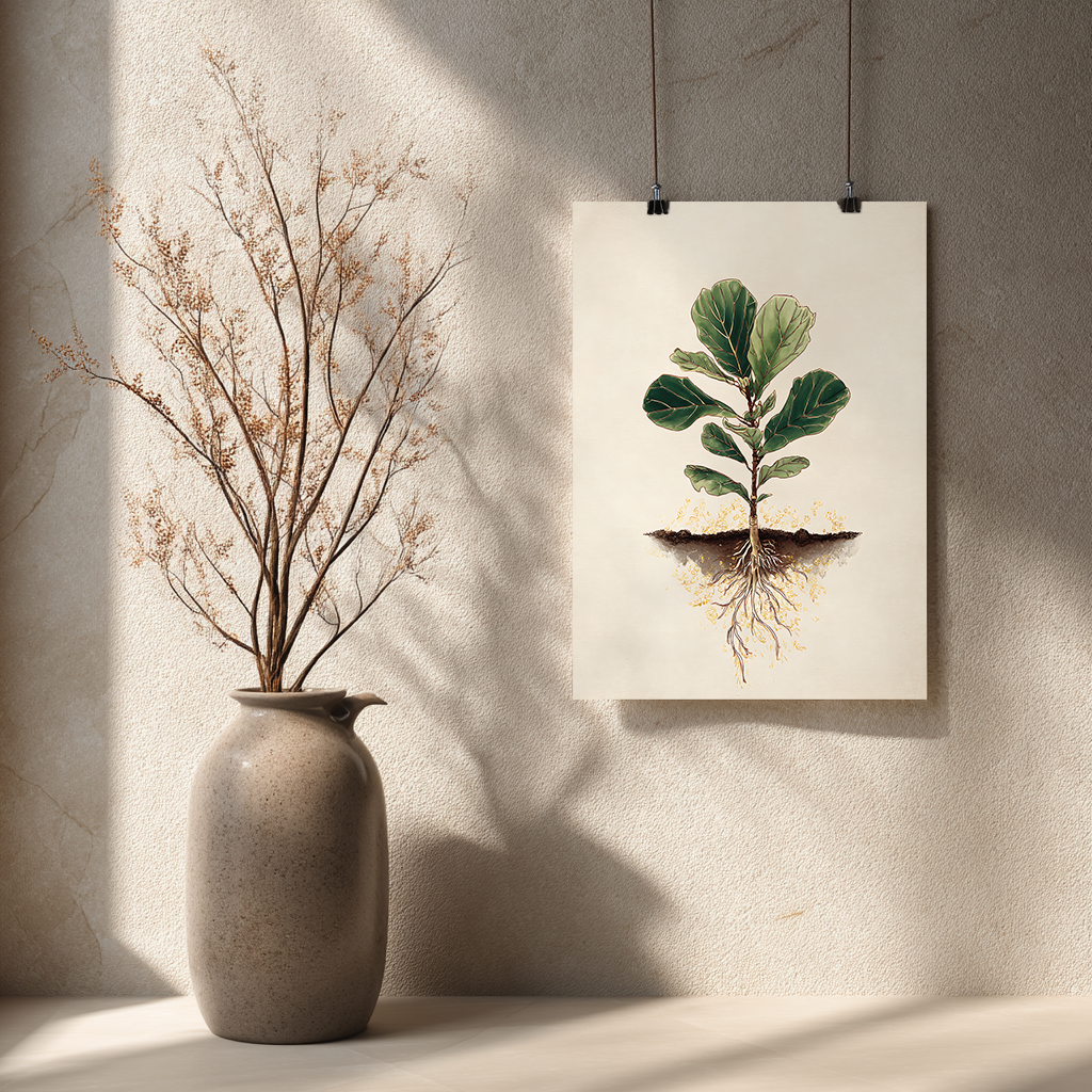 Vintage fiddle fig botanical illustration poster hanging on white wall in modern interior