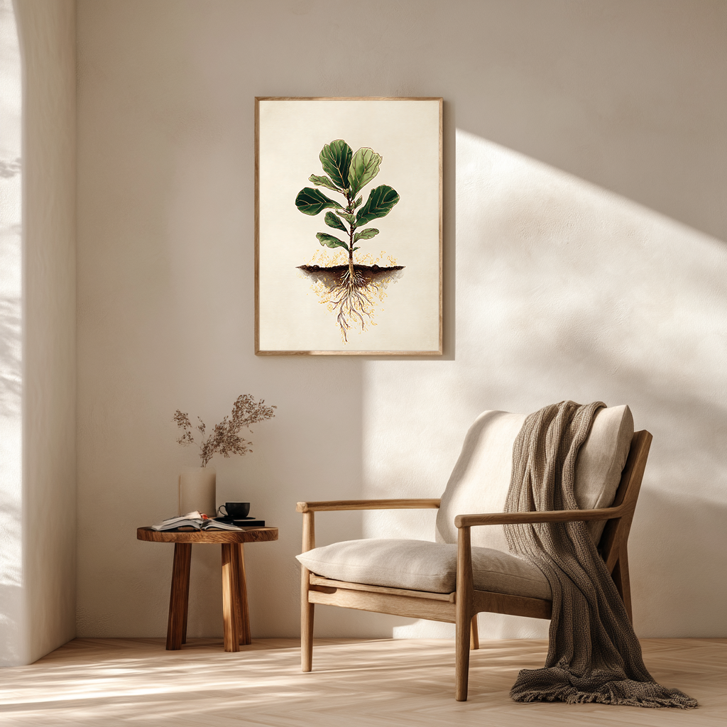 Vintage botanical fiddle fig poster in cozy reading nook interior design setting