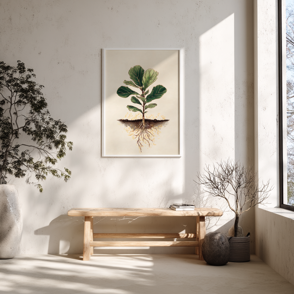 Fiddle fig botanical poster mockup above wooden Scandinavian bench in minimalist room