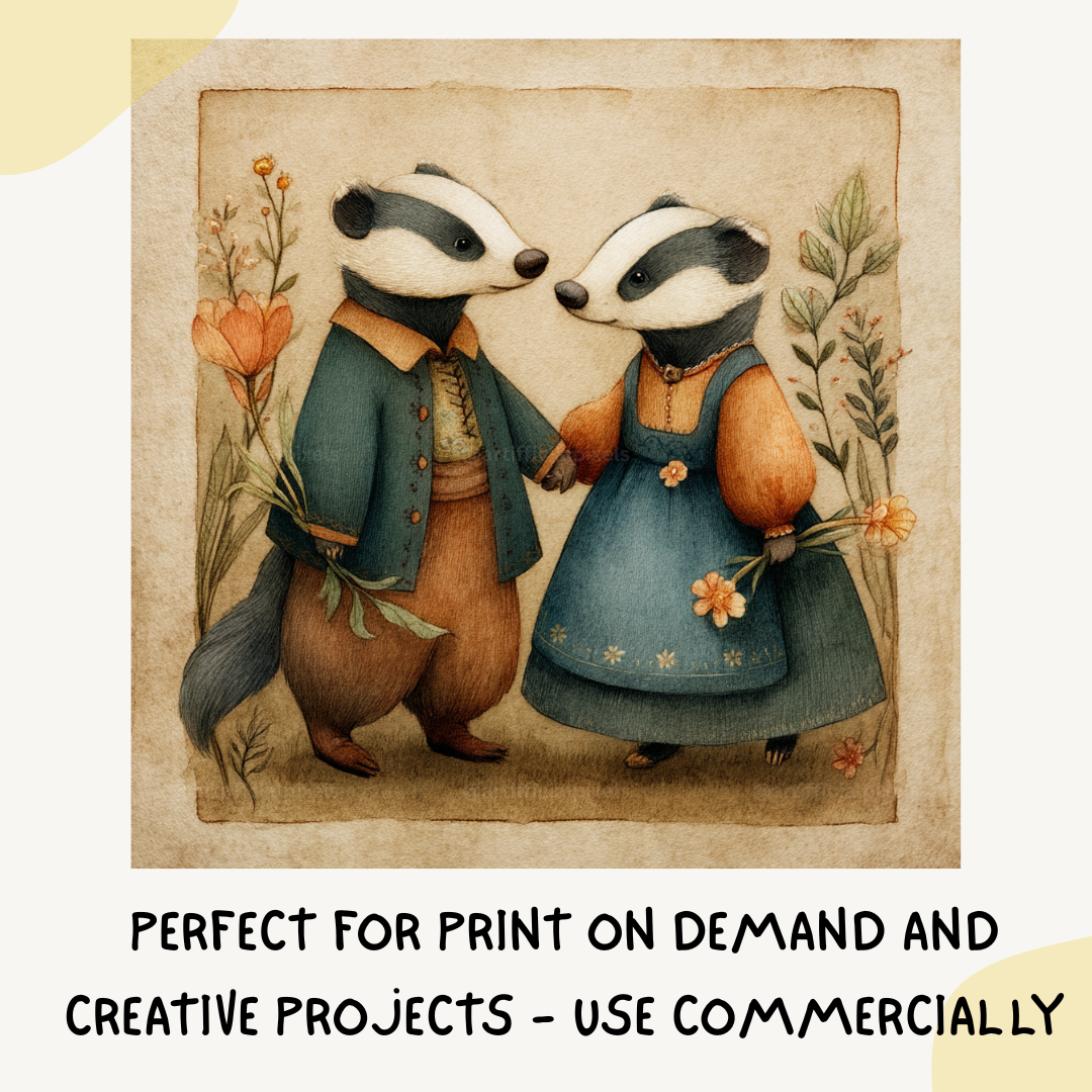 vintage-folk-animal-couples-cards-badger