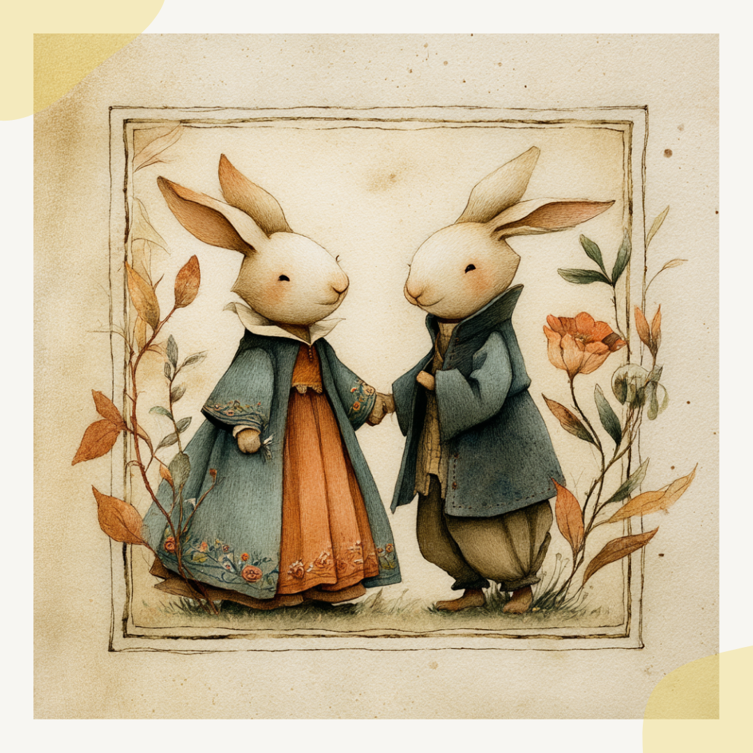 vintage-folk-animal-couples-cards-rabbit