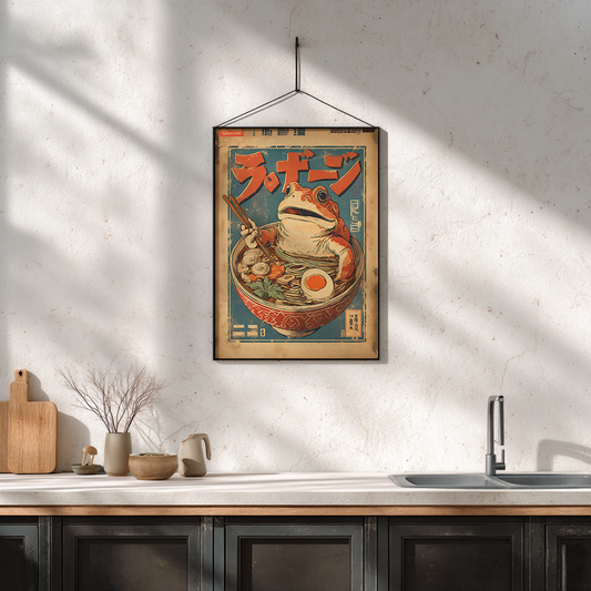 Vintage frog ramen poster displayed in modern kitchen setting as wall art