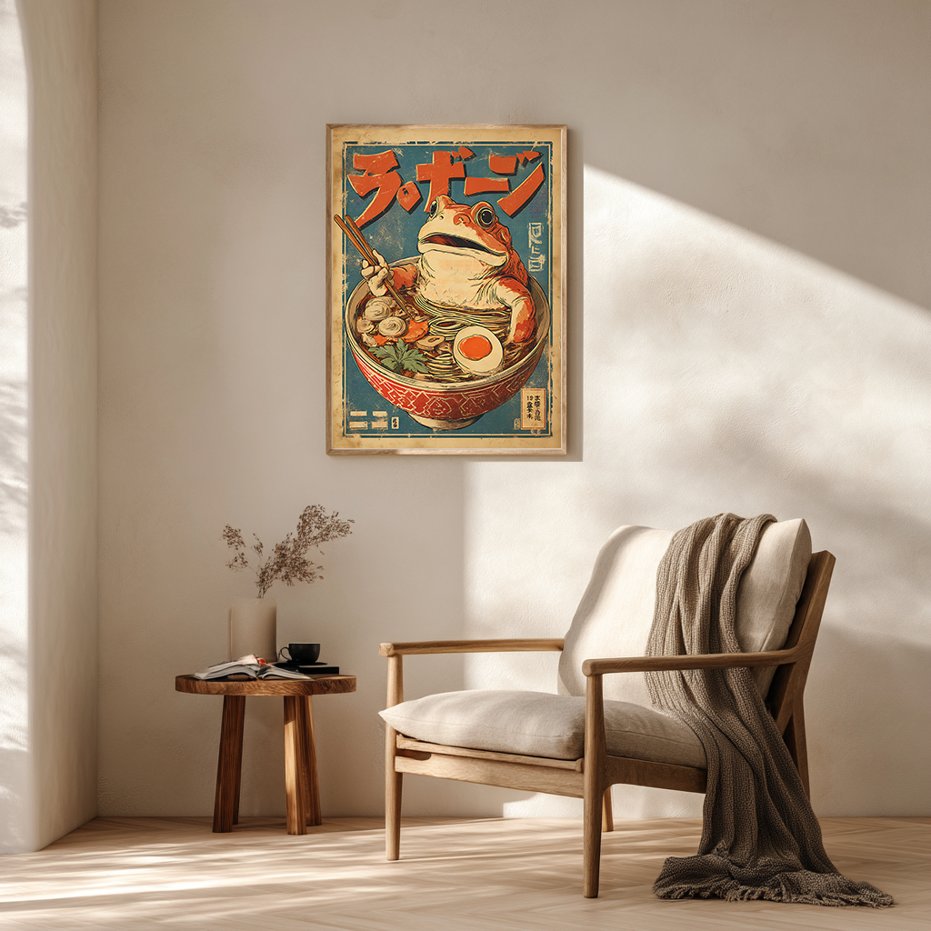 Vintage frog ramen poster in cozy reading nook with chair and plants