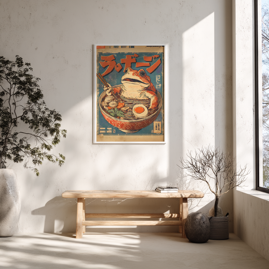 Vintage frog ramen poster above wooden bench in Scandinavian interior design