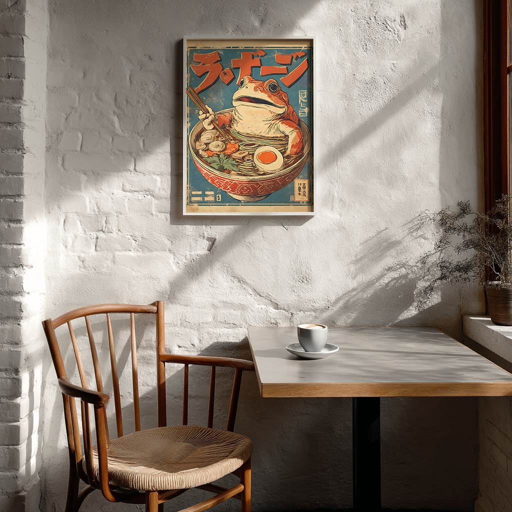 Vintage frog ramen poster displayed in minimalist Scandinavian cafe setting