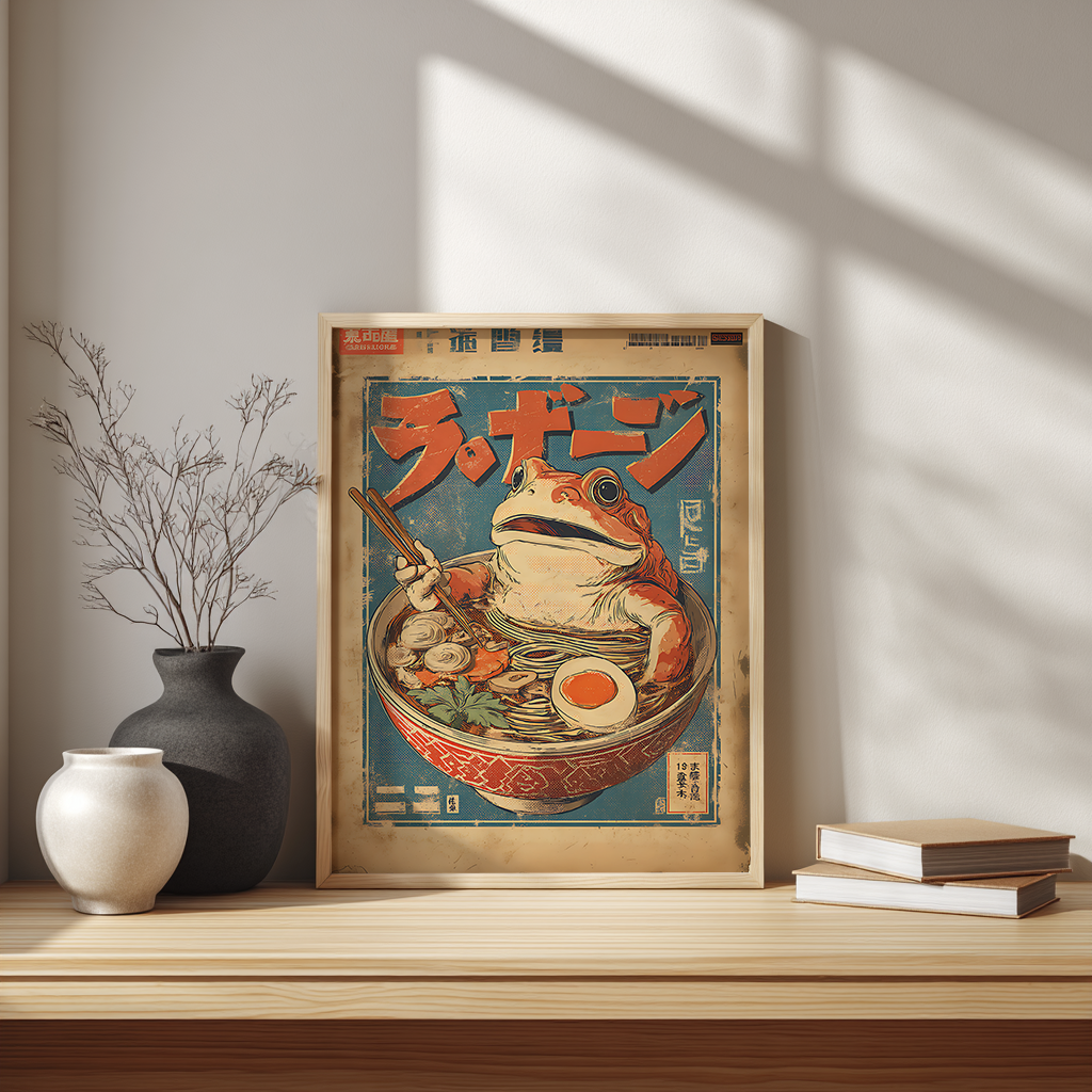 Vintage frog ramen poster above desk in Scandinavian home office setup