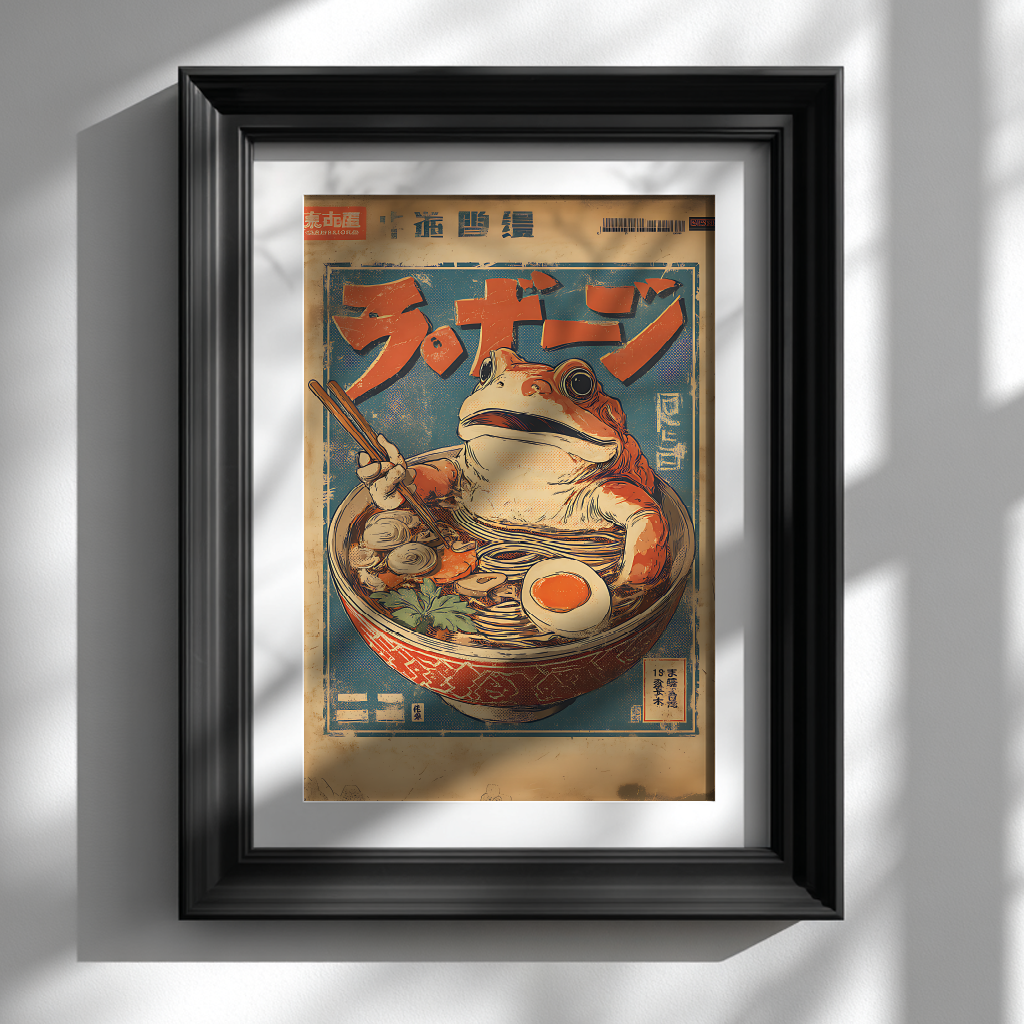 Vintage frog poster with Japanese noodle bowl illustration displayed in black frame on white wall