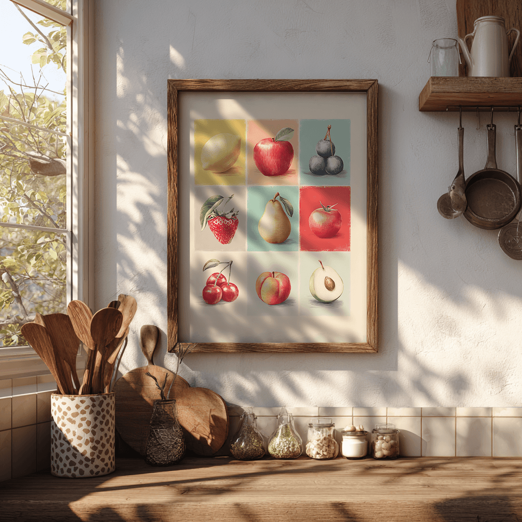 Vintage fruit collage poster print displayed in boho eclectic kitchen as visual art wall decor