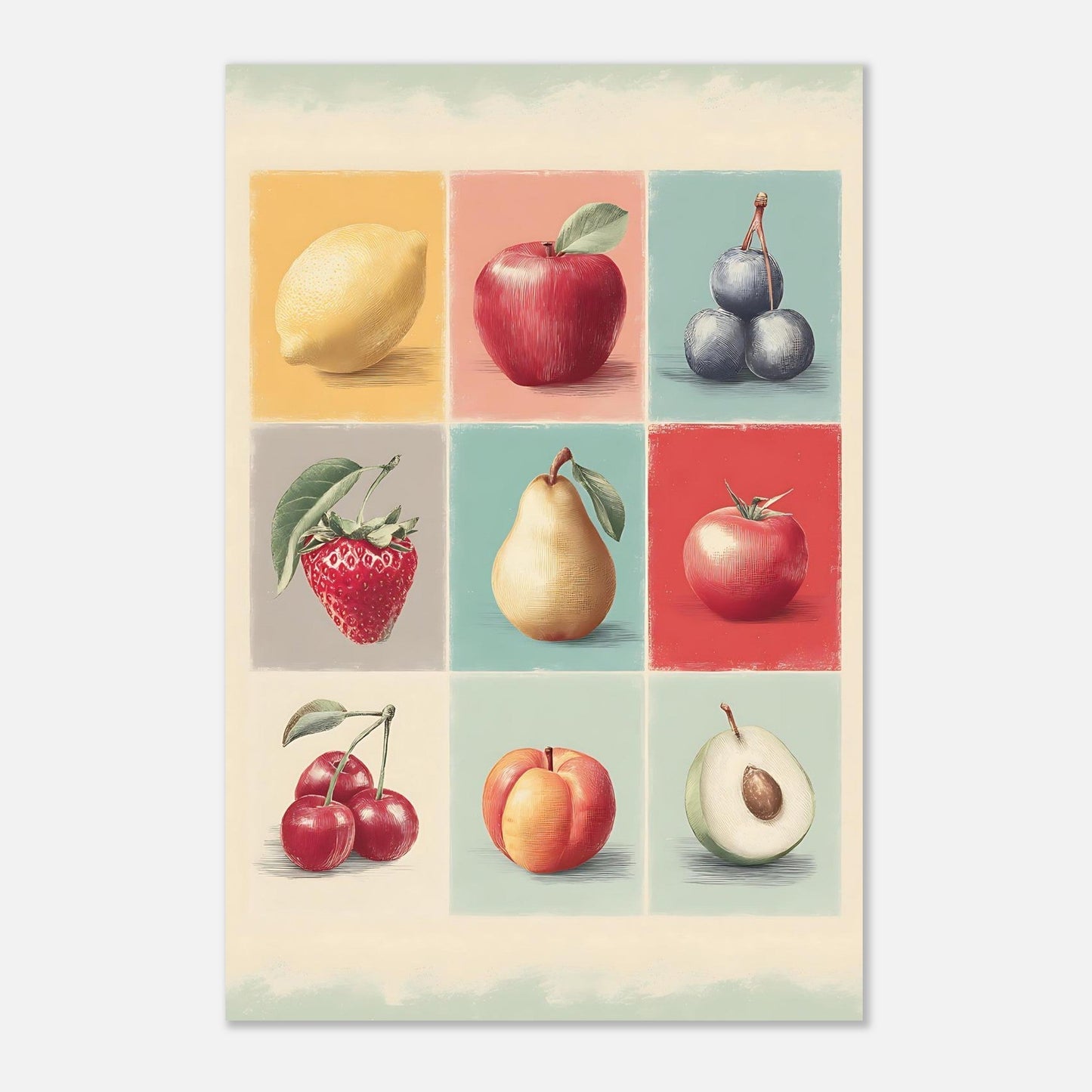 Close-up detail of vintage fruit collage poster print showing visual art design and print quality