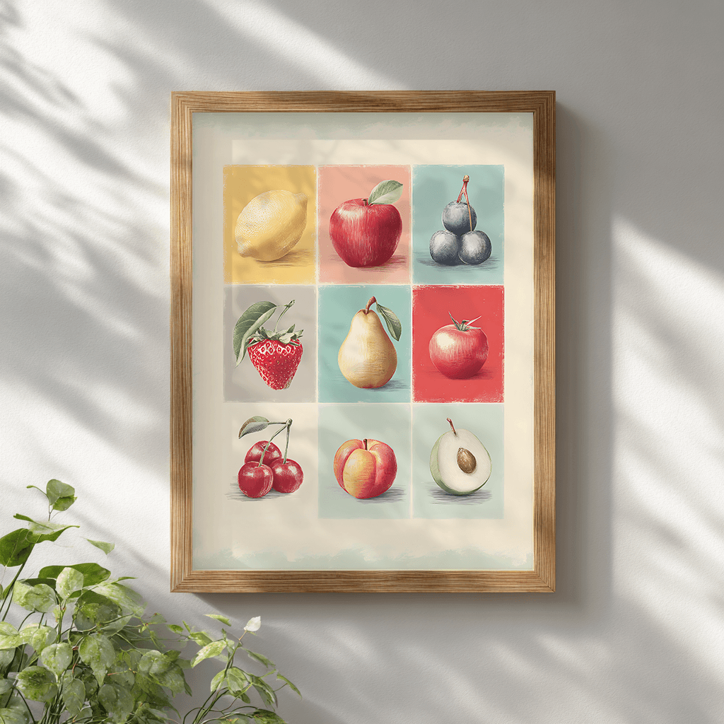 Vintage fruit collage poster print displayed in wooden frame on white wall showing visual art wall decor