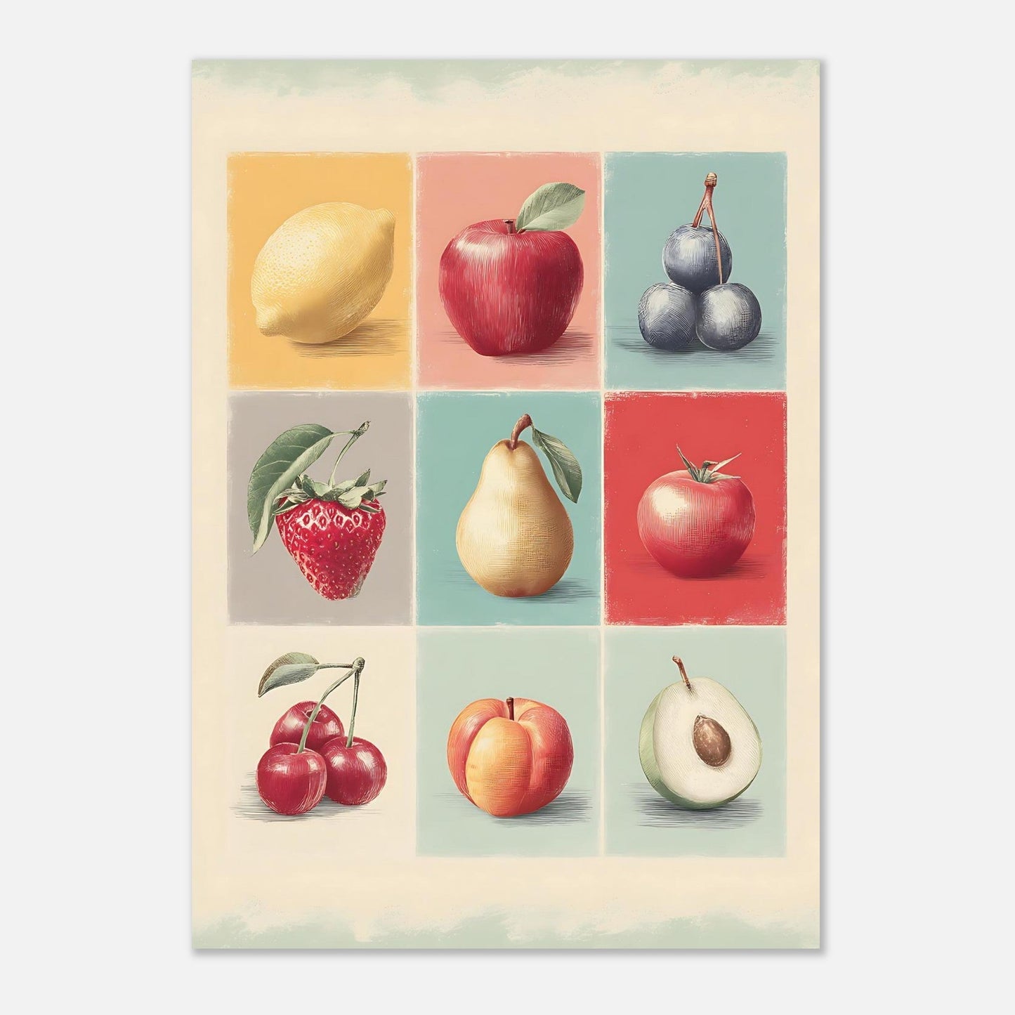Vintage fruit collage poster featuring nine fruit illustrations in grid layout for wall decor