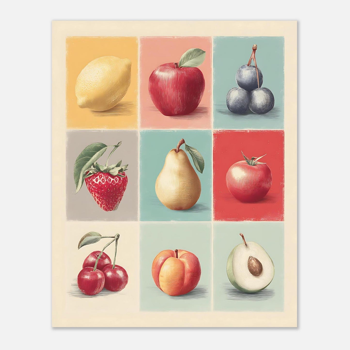 Vintage fruit pattern poster print featuring colorful design for wall art and decor