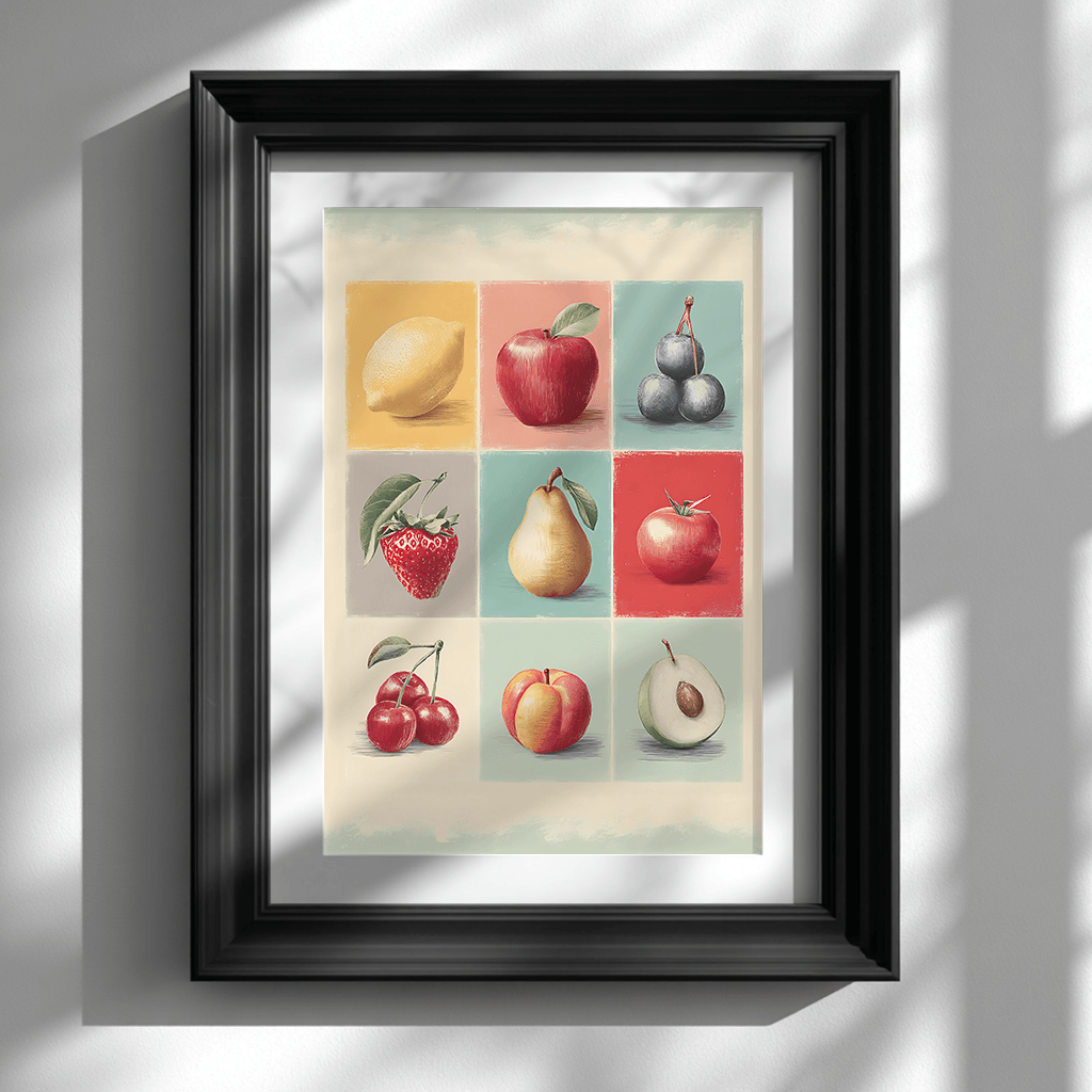 Vintage fruit collage poster print in black frame on white wall showing visual art wall decor