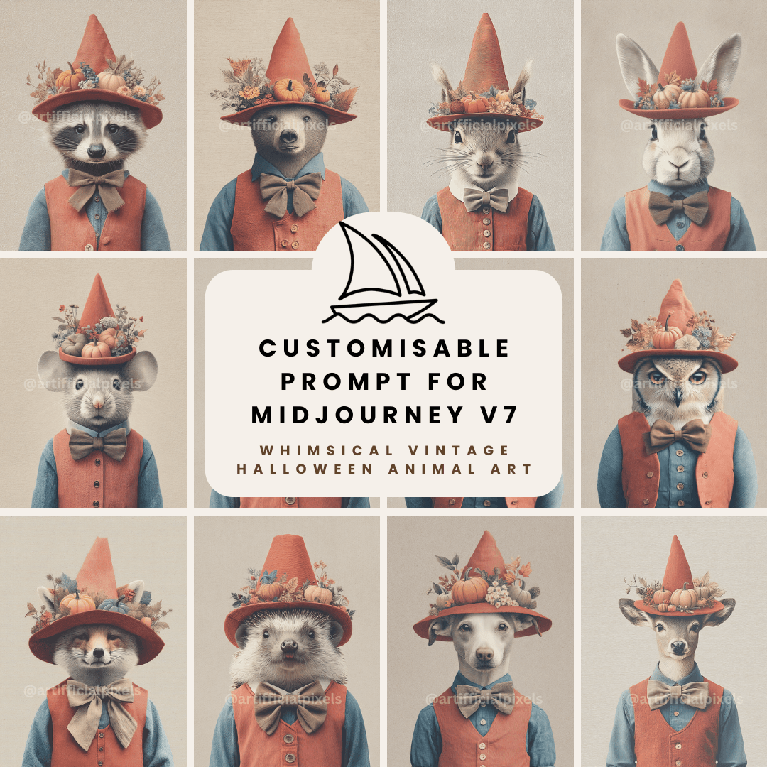 Vintage Halloween animals digital art collection created with Midjourney AI prompt featuring rustic autumn style with red hats and pumpkins