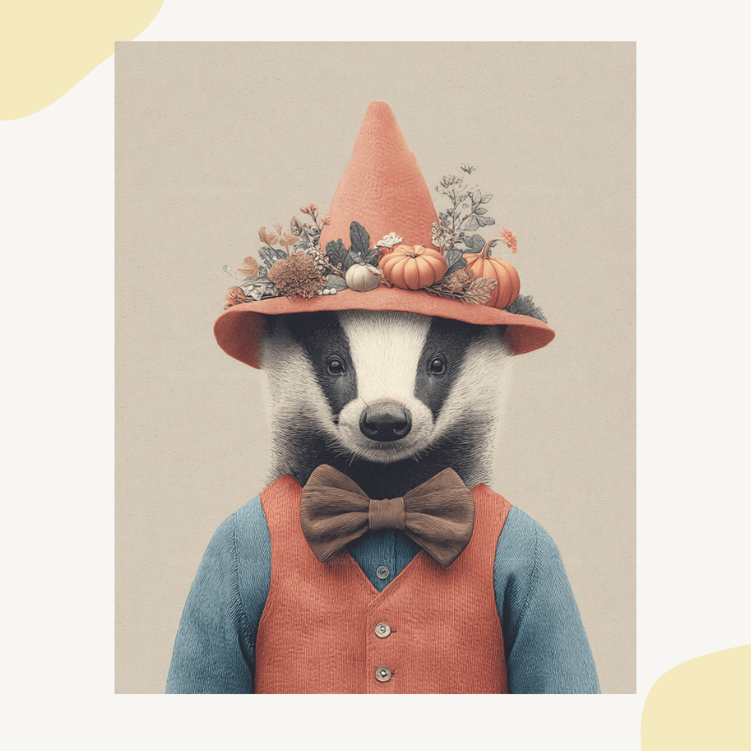 Vintage Halloween badger with rustic autumn styling and crosshatch shading generated with Midjourney AI art prompt
