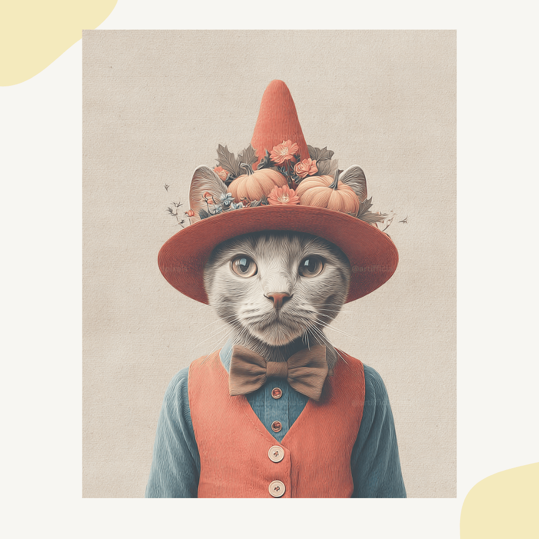 Vintage Halloween cat with red hat and pumpkin decorations created using Midjourney AI digital art prompt for seasonal designs