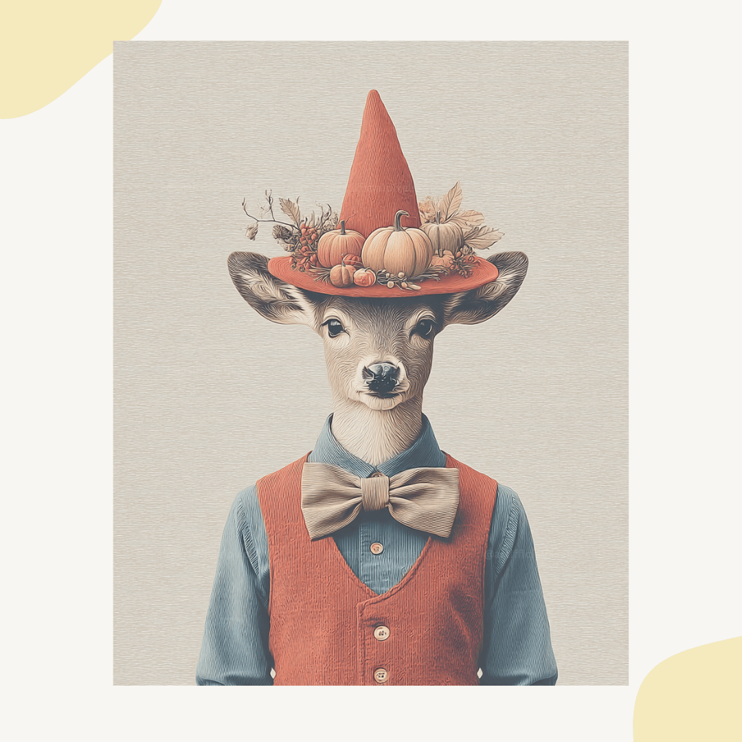 Vintage Halloween deer with autumn florals and textured paper effect created with Midjourney AI generated art prompt