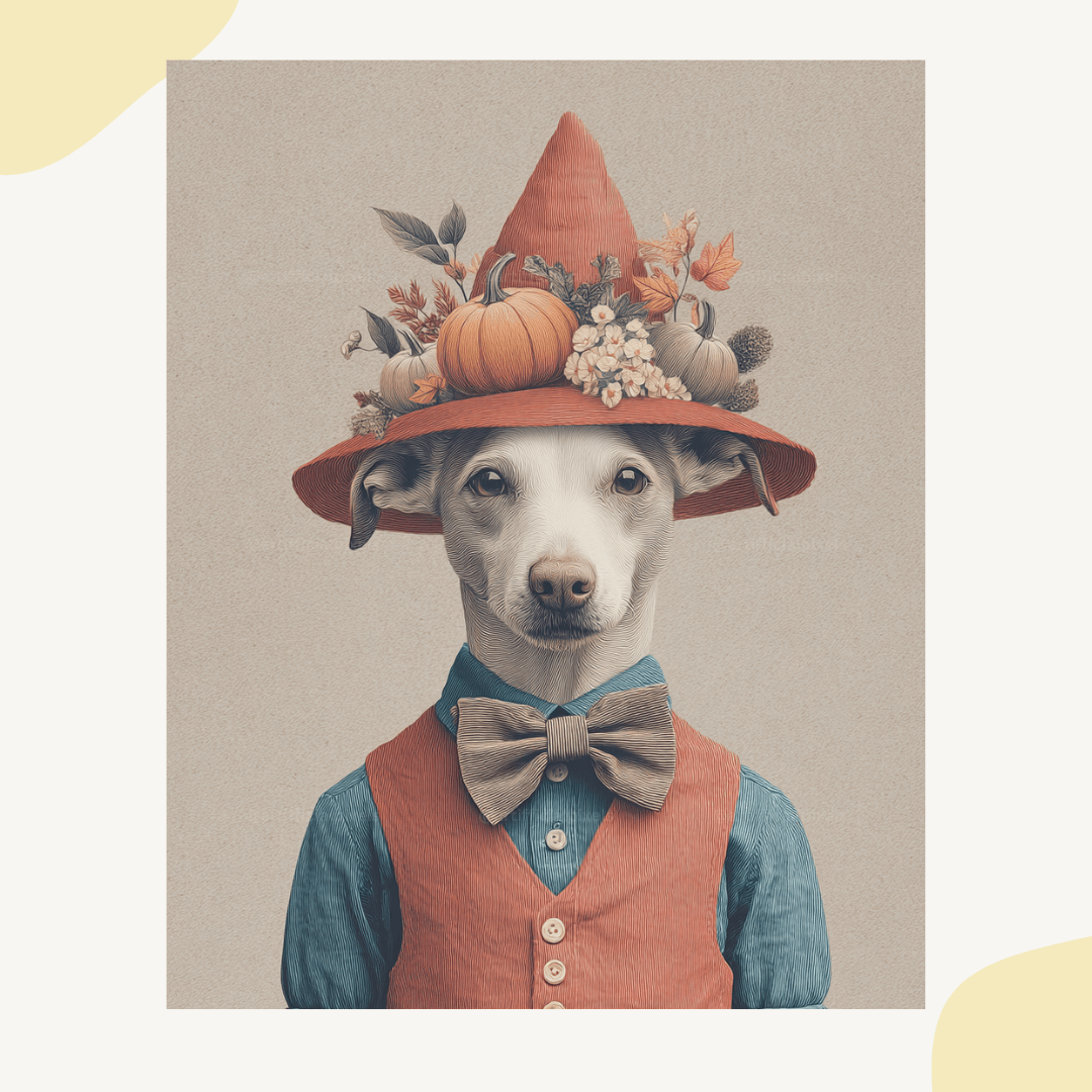 Vintage Halloween dog with whimsical autumn styling generated using Midjourney AI prompt for rustic seasonal art