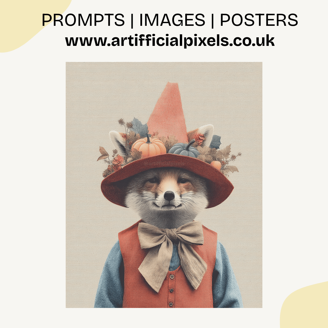 Vintage Halloween fox with crosshatch shading and autumn elements generated with Midjourney AI digital art prompt