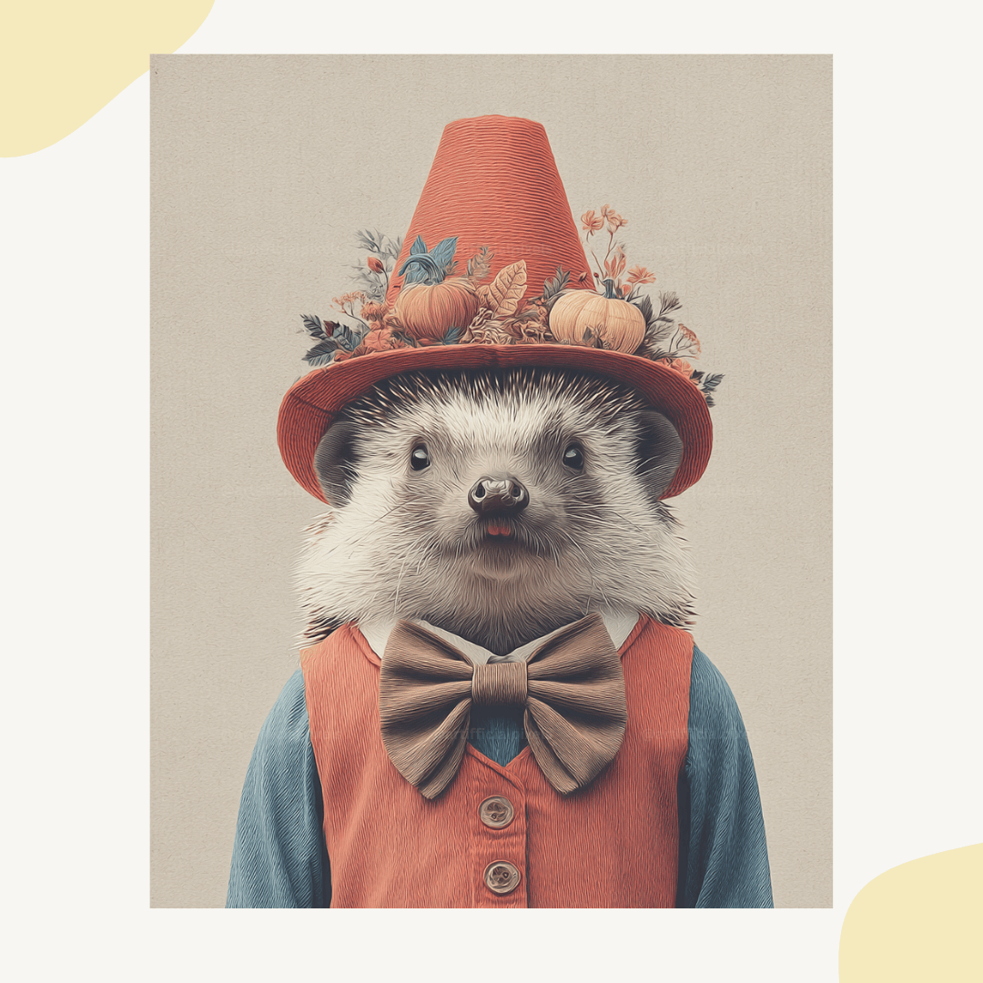 Vintage Halloween hedgehog with red hat and seasonal decorations created using Midjourney AI art prompt for wall art
