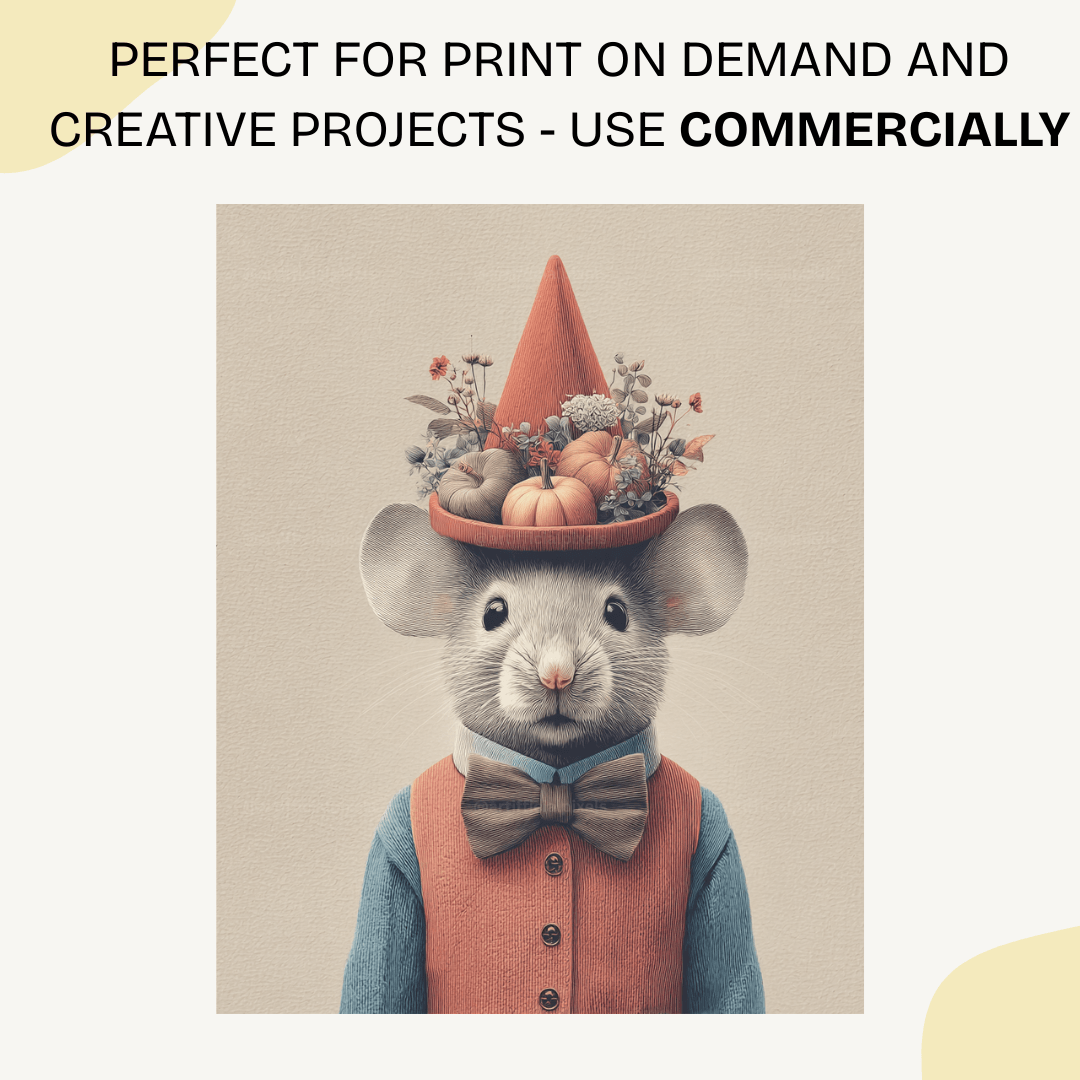 Vintage Halloween mouse with whimsical red hat created with Midjourney AI generated art prompt for seasonal decorations