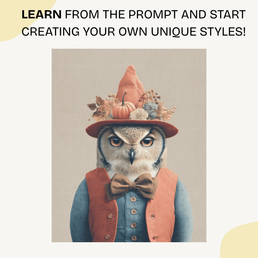 Vintage Halloween owl with autumn florals and pumpkins created using Midjourney AI art prompt for rustic seasonal designs