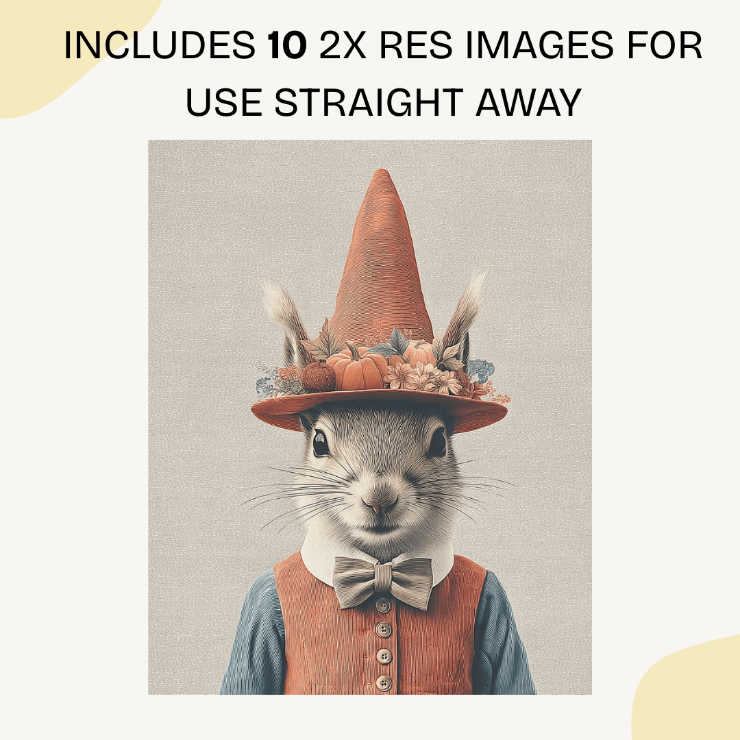 Vintage Halloween squirrel with seasonal decorations generated using Midjourney AI prompt for rustic autumn wall art