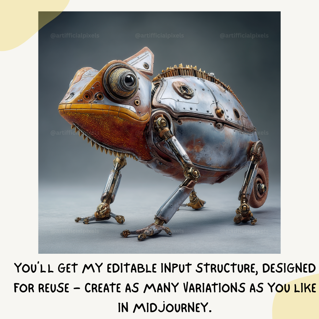 Surreal steampunk portrait of a chameleon, Midjourney-generated with worn metal textures and studio lighting on a neutral backdrop