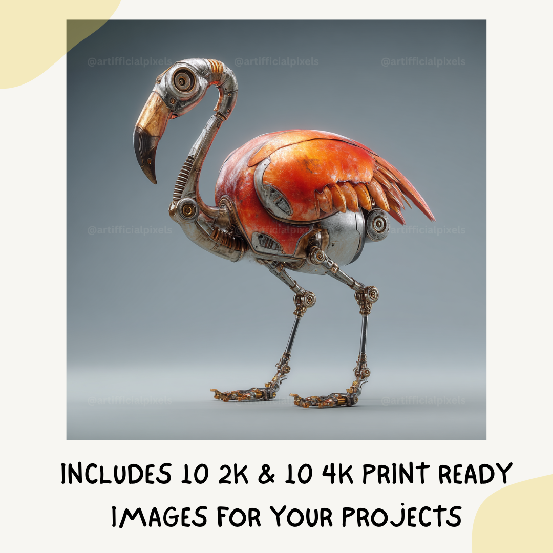 Surreal steampunk portrait of a flamingo, Midjourney-generated with worn metal textures and studio lighting on a neutral backdrop