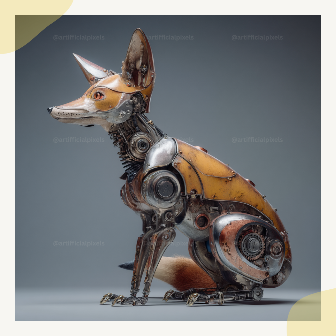 Surreal steampunk portrait of a fox, Midjourney-generated with worn metal textures and studio lighting on a neutral backdrop