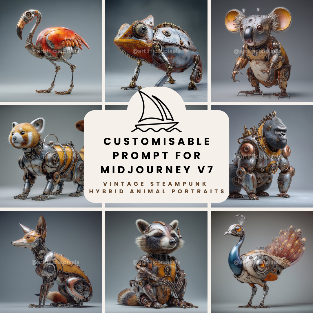 Surreal steampunk portrait of a group of animals, Midjourney-generated with worn metal textures and studio lighting on a neutral backdrop - product front cover