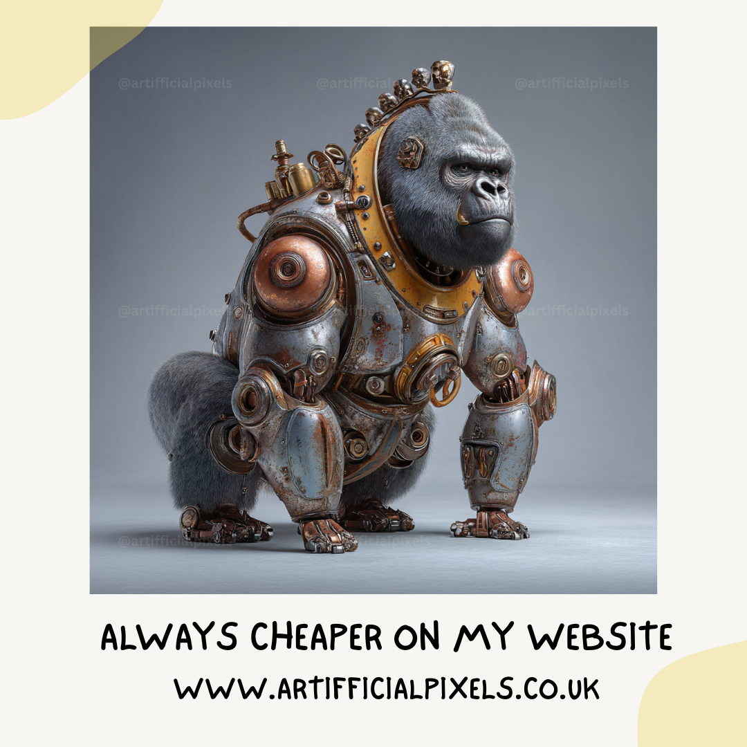 Surreal steampunk portrait of a gorilla, Midjourney-generated with worn metal textures and studio lighting on a neutral backdrop