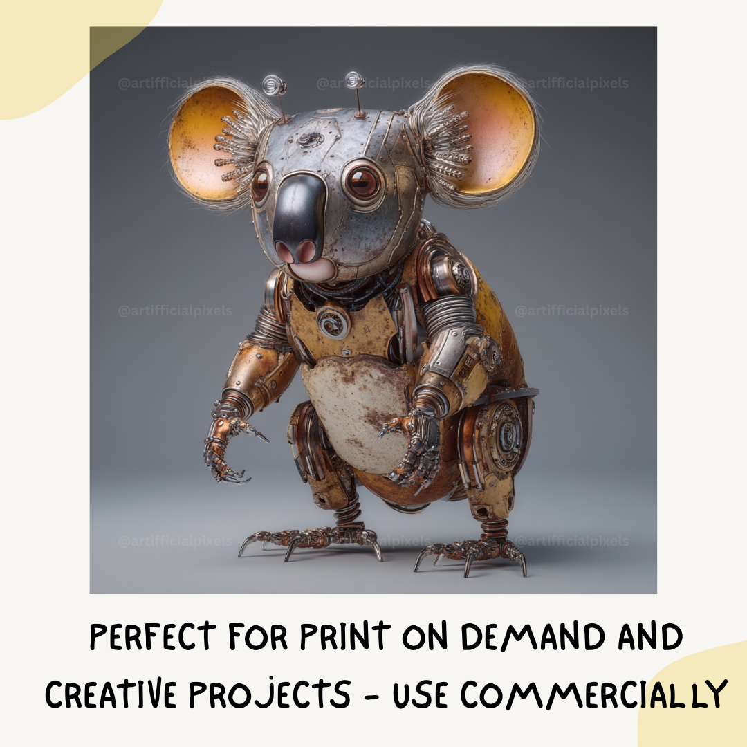 Surreal steampunk portrait of a koala, Midjourney-generated with worn metal textures and studio lighting on a neutral backdrop