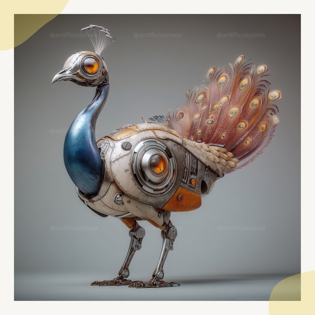 Surreal steampunk portrait of a peacock, Midjourney-generated with worn metal textures and studio lighting on a neutral backdrop