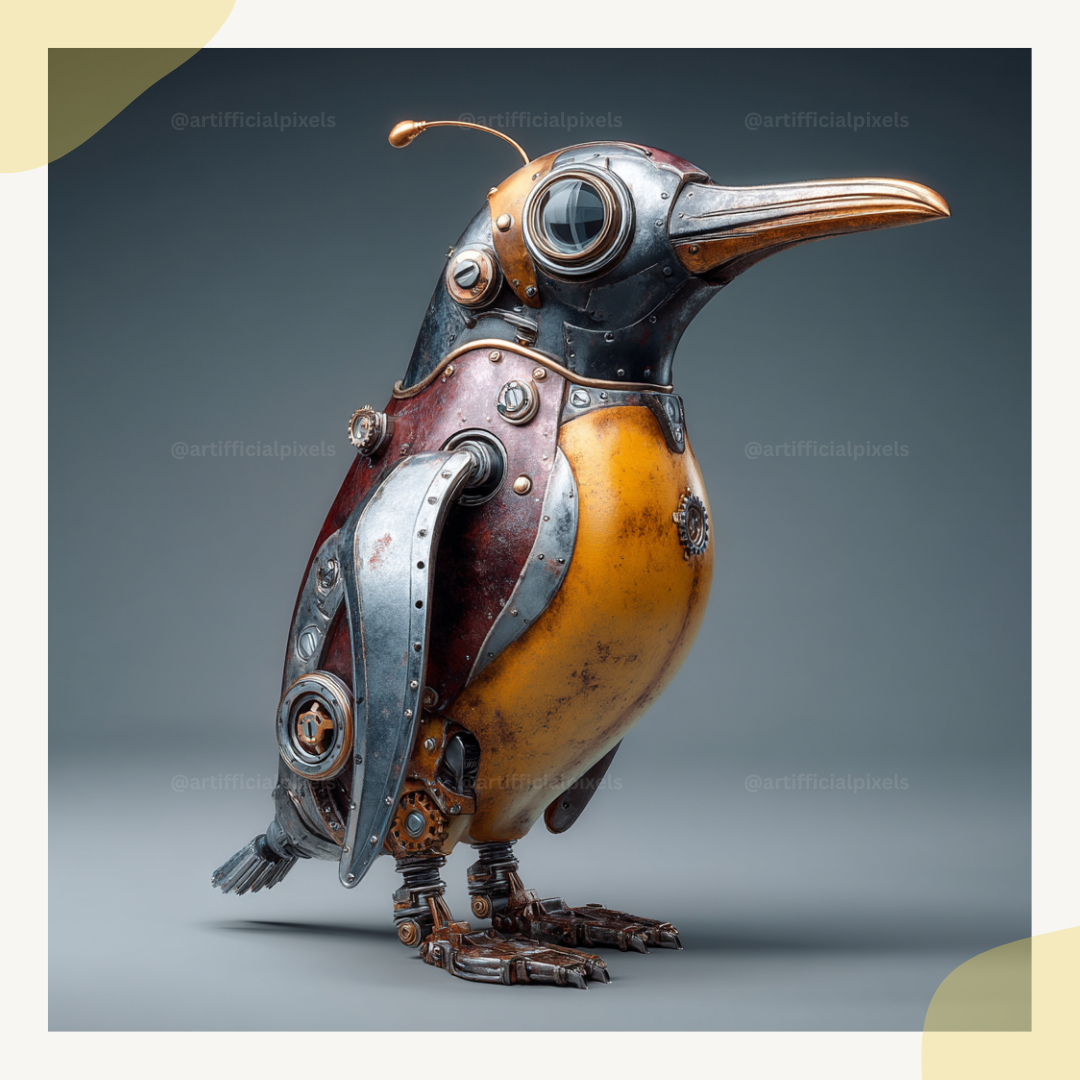 Surreal steampunk portrait of a penguin, Midjourney-generated with worn metal textures and studio lighting on a neutral backdrop