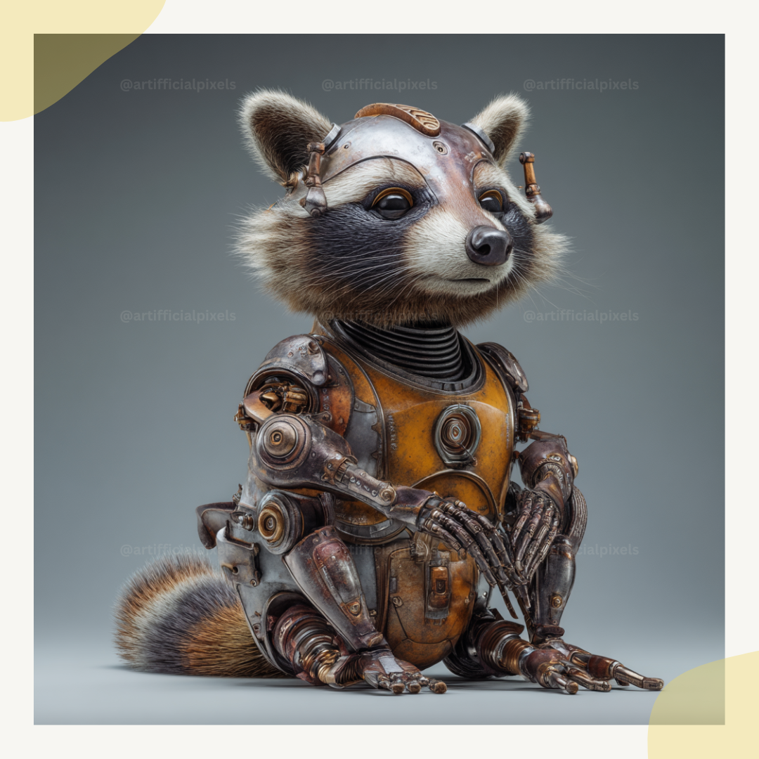 Surreal steampunk portrait of a raccoon, Midjourney-generated with worn metal textures and studio lighting on a neutral backdrop