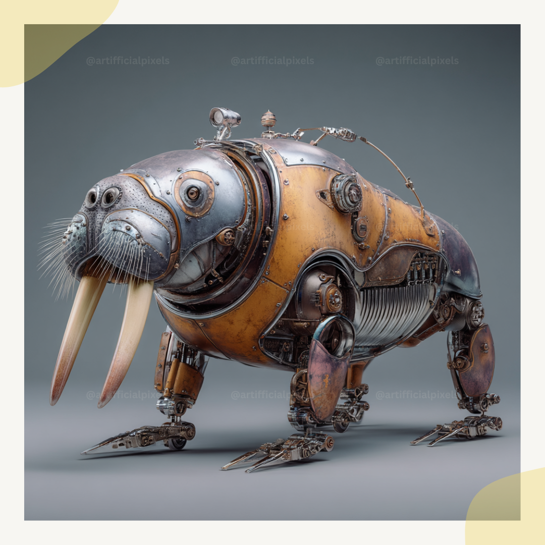 Surreal steampunk portrait of a walrus, Midjourney-generated with worn metal textures and studio lighting on a neutral backdrop