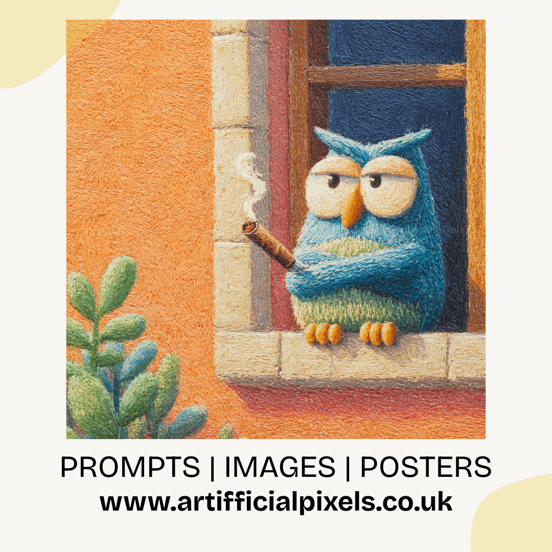 Illustration of a blue owl smoking a cigarette by a window, with text about prompts, images, and posters from www.artifficialpixels.co.uk