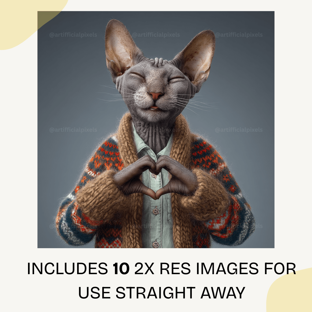 Whimsical cat in cosy knitted sweater making heart shape with paws, perfect for wall art and posters