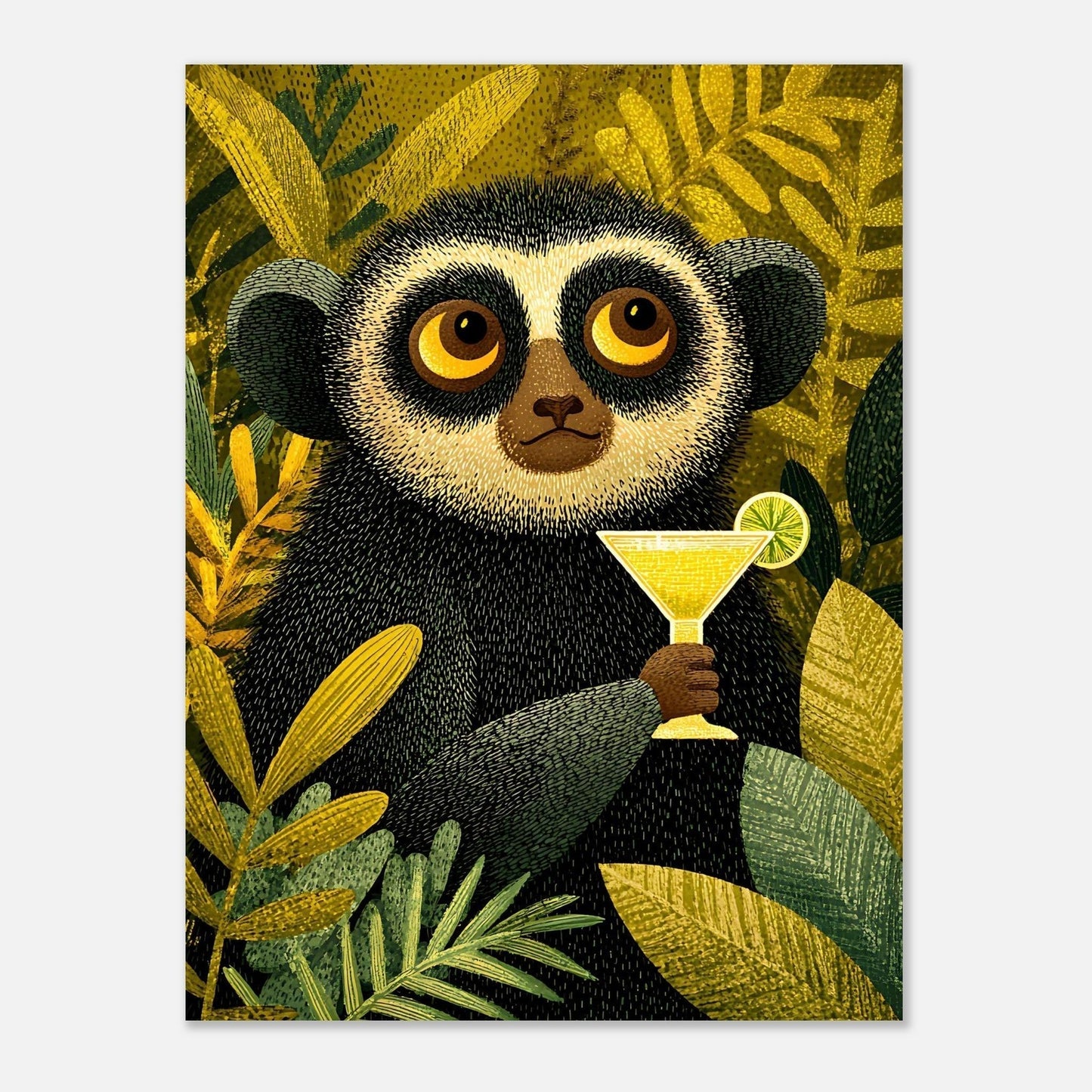 Whimsical digital print of lemur enjoying margarita in vibrant jungle environment