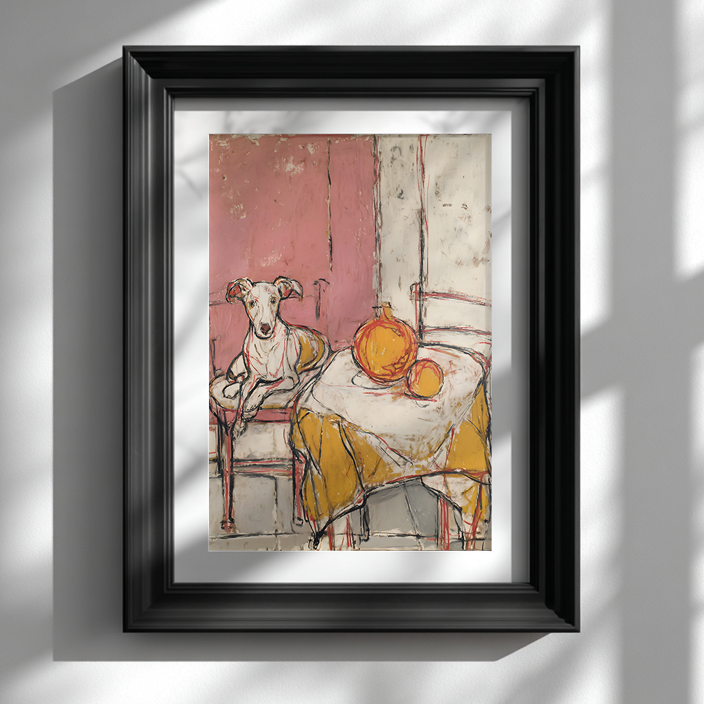 Whippet dog art print in black frame on white wall, modern minimalist home decor poster.