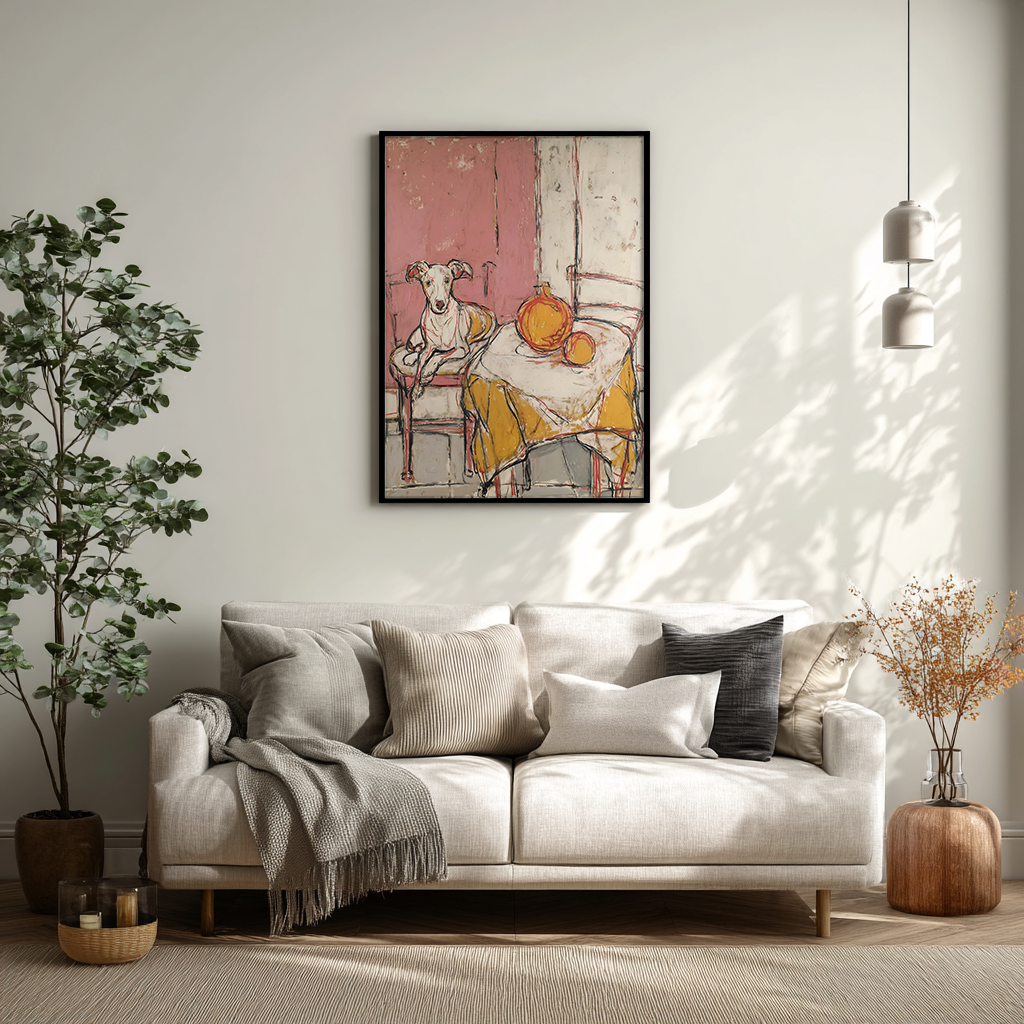 Whippet dog art print styled in a minimalist living room with soft light and warm tones.